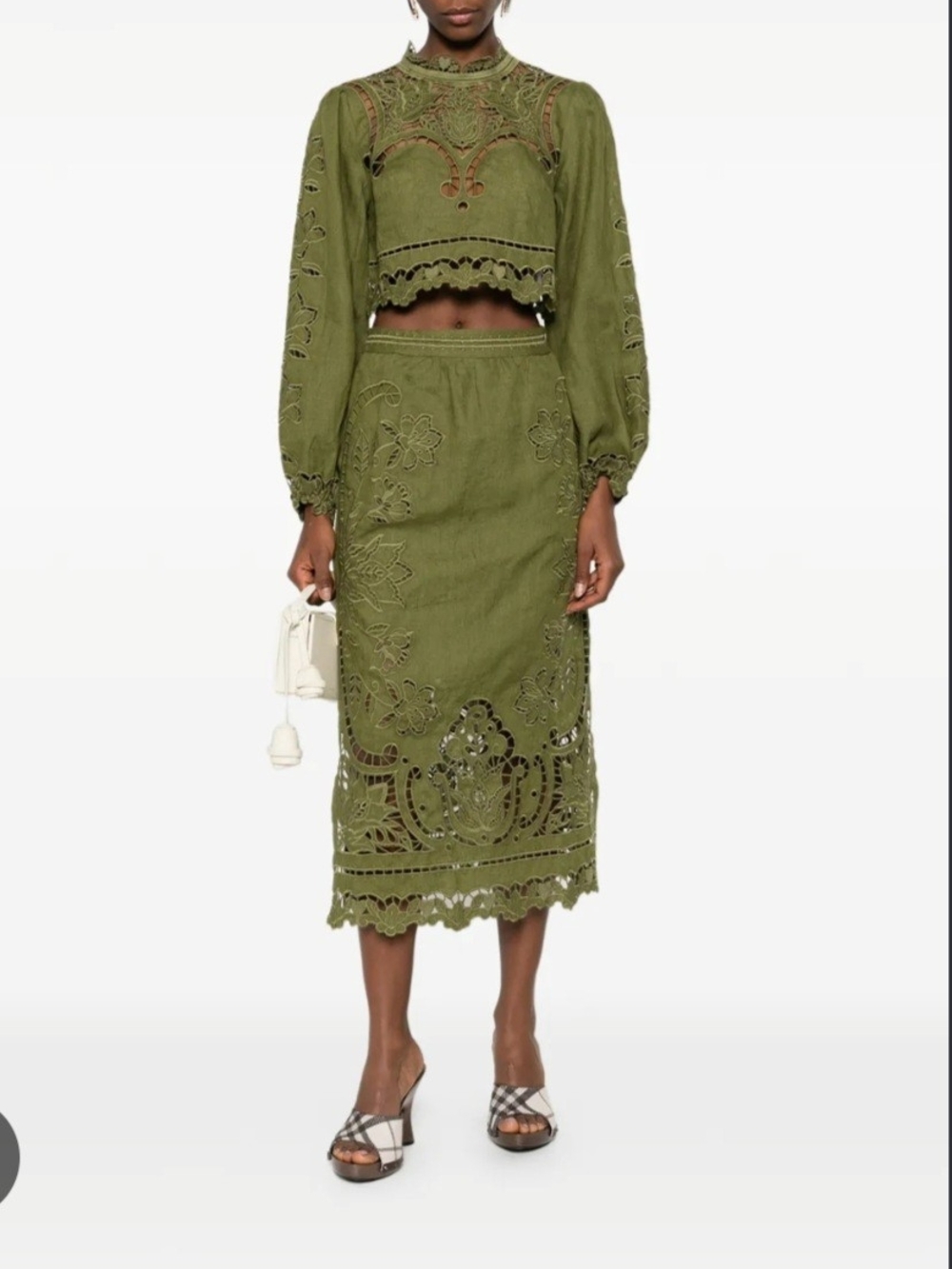 FARM Rio Olive Green Eyelet Midi Skirt